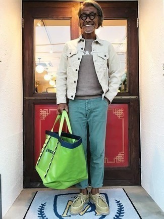 Green-Yellow Canvas Tote Bag Outfits For Men: 