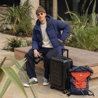 Navy Puffer Jacket with Chinos Outfits: 