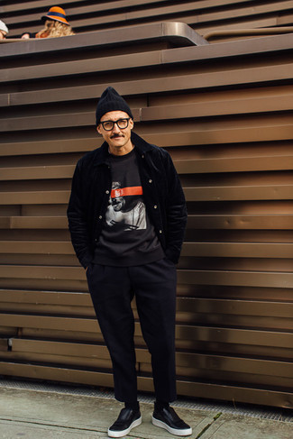 Black Print Sweatshirt Outfits For Men: 