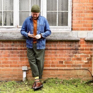 Men's Brown Chunky Leather Derby Shoes, Olive Chinos, Tobacco Sweatshirt, Blue Denim Shirt Jacket