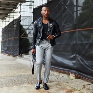Black Embellished Leather Biker Jacket Outfits For Men: 