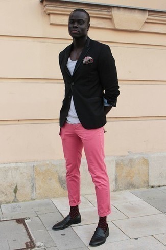 Men's Black Leather Loafers, Hot Pink Chinos, White Tank, Black Blazer