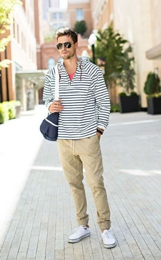 Men's White Canvas Low Top Sneakers, Beige Chinos, Red Tank, White and Navy Horizontal Striped Hoodie