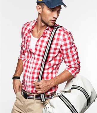 Red and Black Gingham Long Sleeve Shirt Outfits For Men: 