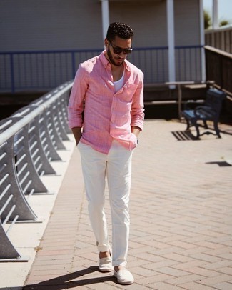 Men's Grey Horizontal Striped Canvas Espadrilles, White Chinos, White Tank, Pink Long Sleeve Shirt