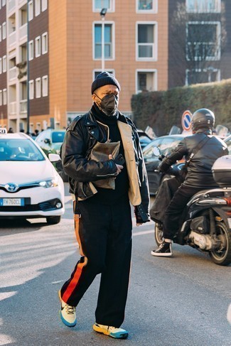 Men's Beige Athletic Shoes, Black Chinos, Navy Wool Turtleneck, Black Leather Biker Jacket