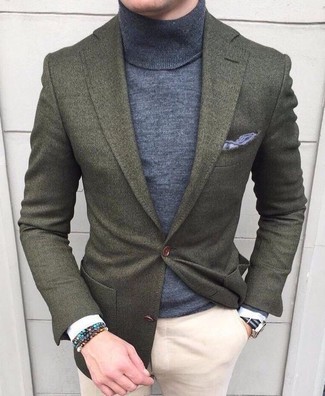 Olive Wool Blazer Outfits For Men: 