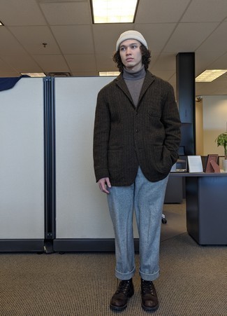 Dark Brown Herringbone Wool Blazer Outfits For Men: 