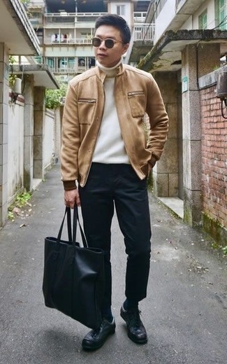 Men's Black Leather Low Top Sneakers, Black Chinos, White Wool Turtleneck, Tan Leather Bomber Jacket