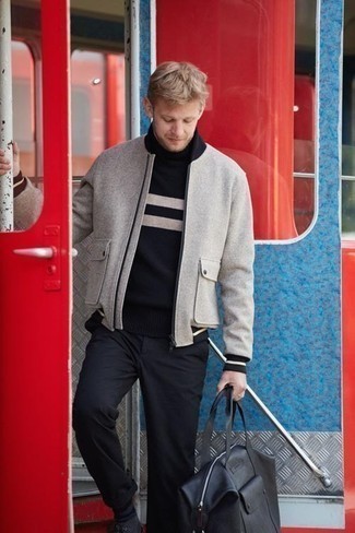 Grey Wool Bomber Jacket Outfits For Men: 