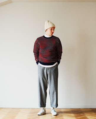 Red and Black Horizontal Striped Crew-neck Sweater Outfits For Men: 