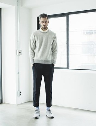 Men's Grey Athletic Shoes, Black Chinos, White Turtleneck, Grey Crew-neck Sweater