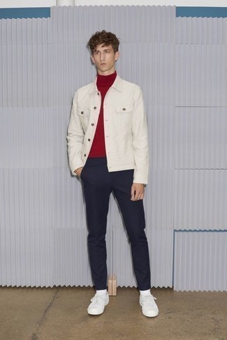 Men's White Canvas Low Top Sneakers, Navy Chinos, Red Turtleneck, White Denim Jacket