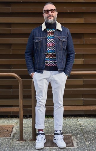 Men's White and Black Leather High Top Sneakers, White Chinos, Multi colored Fair Isle Turtleneck, Navy Denim Jacket