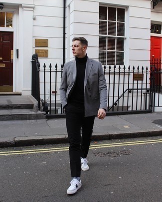 Men's White and Black Leather Low Top Sneakers, Black Chinos, Black Turtleneck, White and Black Houndstooth Double Breasted Blazer