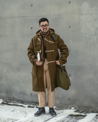 Brown Turtleneck with Brown Duffle Coat Outfits For Men: 