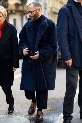 Navy Fur Coat Outfits For Men: 