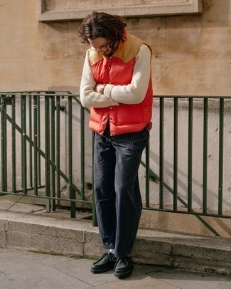 Red Gilet with Turtleneck Outfits For Men: 