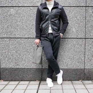 Men's White Canvas Low Top Sneakers, Charcoal Knit Chinos, White Turtleneck, Black Leather Hoodie