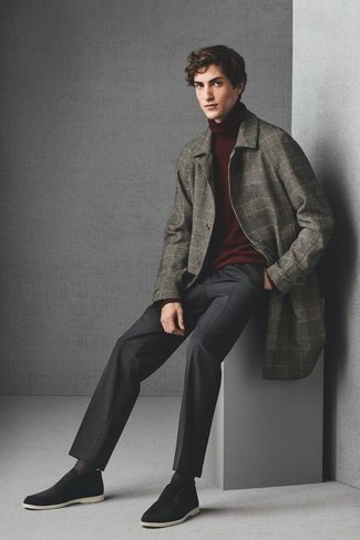 Men's Black Suede Loafers, Charcoal Chinos, Burgundy Wool Turtleneck, Grey Plaid Overcoat