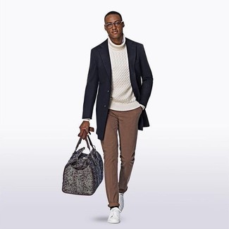 Men's White Leather Low Top Sneakers, Brown Chinos, White Knit Turtleneck, Navy Overcoat