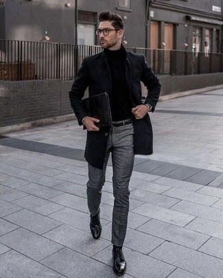 Men's Black Leather Derby Shoes, Grey Chinos, Black Turtleneck, Black Overcoat