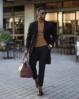 Men's Dark Brown Leather Loafers, Black Chinos, Tan Turtleneck, Black Overcoat