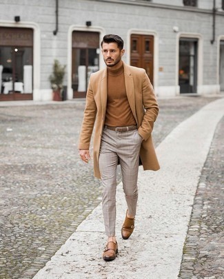Men's Brown Leather Double Monks, Beige Check Chinos, Tan Knit Turtleneck, Camel Overcoat