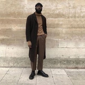 Men's Black Leather Casual Boots, Brown Chinos, Tan Turtleneck, Dark Brown Overcoat