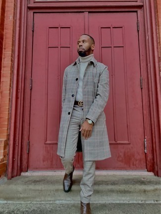 Men's Dark Brown Leather Chelsea Boots, Grey Plaid Chinos, Grey Wool Turtleneck, Grey Plaid Overcoat