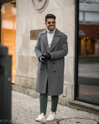 Men's White and Navy Leather Low Top Sneakers, Dark Green Chinos, Grey Turtleneck, Charcoal Overcoat