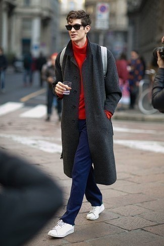 Men's White and Green Canvas Low Top Sneakers, Navy Chinos, Red Turtleneck, Charcoal Overcoat