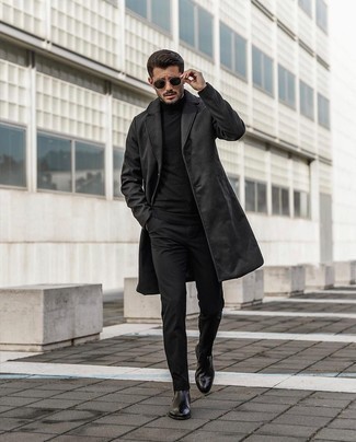 Men's Black Leather Chelsea Boots, Black Chinos, Black Turtleneck, Charcoal Overcoat