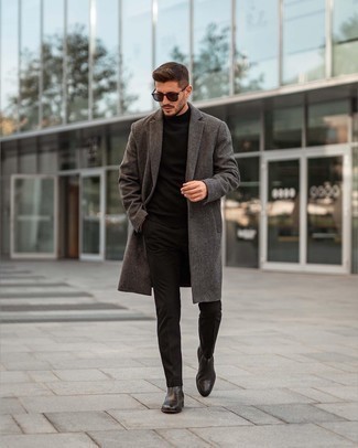 Black Turtleneck with Charcoal Overcoat Outfits: 