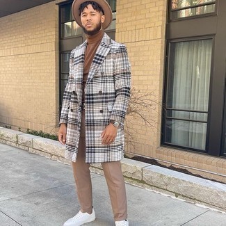 Men's White Canvas Low Top Sneakers, Khaki Chinos, Brown Turtleneck, Grey Plaid Overcoat