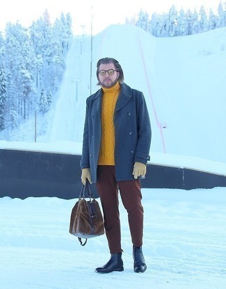 Mustard Knit Turtleneck Outfits For Men: 