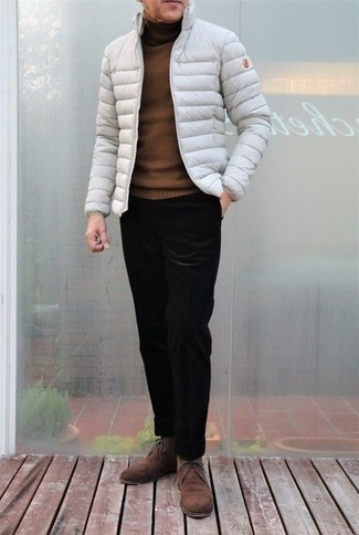 White Lightweight Puffer Jacket Outfits For Men: 