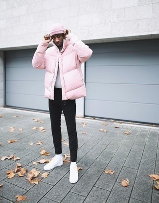 Men's White Canvas Low Top Sneakers, Black Chinos, White Turtleneck, Pink Puffer Jacket