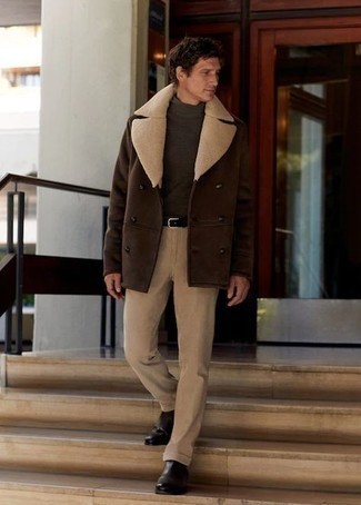 Dark Brown Shearling Coat Outfits For Men: 