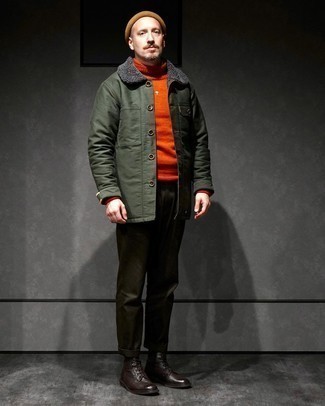 Men's Dark Brown Leather Casual Boots, Dark Green Chinos, Orange Wool Turtleneck, Olive Shirt Jacket