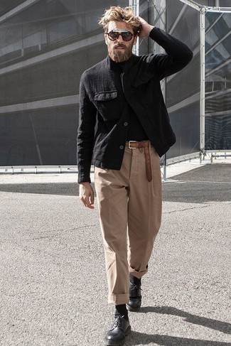 Black Linen Shirt Jacket Outfits For Men: 