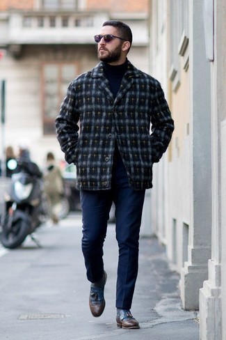 Navy Plaid Wool Shirt Jacket Outfits For Men: 