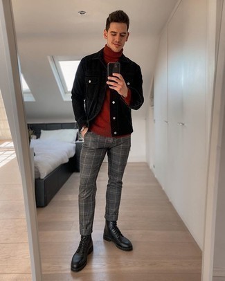 Men's Black Leather Casual Boots, Grey Plaid Chinos, Red Wool Turtleneck, Black Corduroy Shirt Jacket