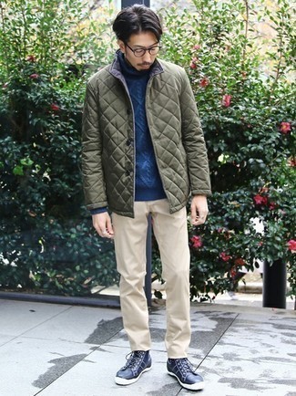 Men's Navy Leather Low Top Sneakers, Beige Chinos, Navy Knit Wool Turtleneck, Olive Quilted Shirt Jacket