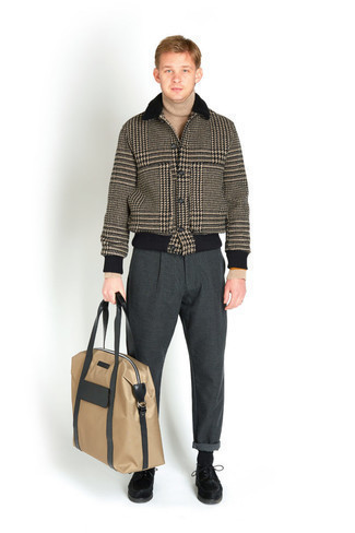 Tan Houndstooth Wool Shirt Jacket Outfits For Men: 