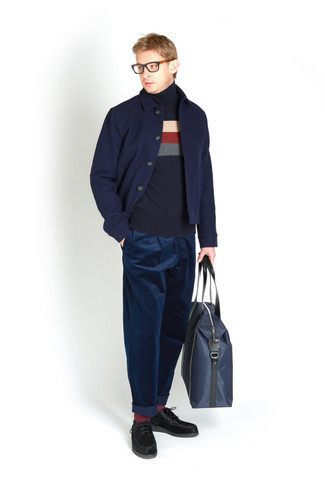 Navy Horizontal Striped Wool Turtleneck Outfits For Men: 