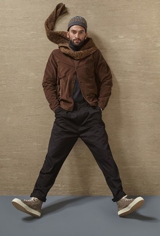 Dark Brown Knit Scarf Outfits For Men: 