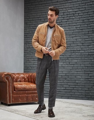 Tan Suede Bomber Jacket Outfits For Men: 