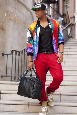 Multi colored Print Bomber Jacket Outfits For Men: 