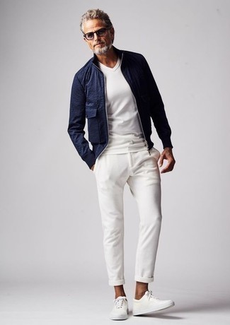 Men's White Leather Low Top Sneakers, White Chinos, White V-neck T-shirt, Navy Bomber Jacket
